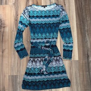 Teal & Navy Patterned Long Sleeve stretchy banana republic dress women’s small